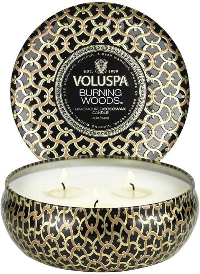 Voluspa Burning Woods Candle, 3 Wick Tin Candle Jar, 12 oz, 40 Hour Burn Time, Coconut Wax Candle for The Home, Handcrafted in The USA