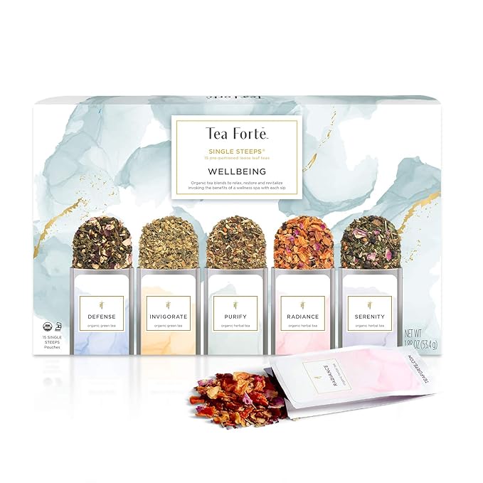 Tea Forte Single Steeps Loose Leaf Wellness Tea Sampler, Assorted Variety Tea Box, Single Serve Pouches, 15 Count