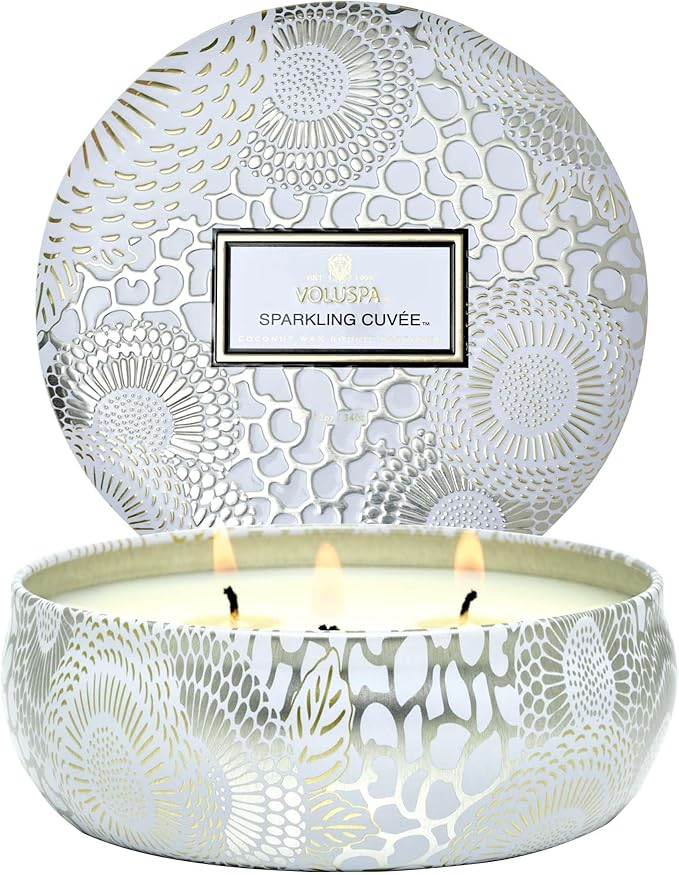 Voluspa Sparkling Cuvee, 3 Wick Tin Candle, 12 Ounce, 40 Hour Burn Time, Coconut Wax for Clean Burning, Handcrafted in The USA