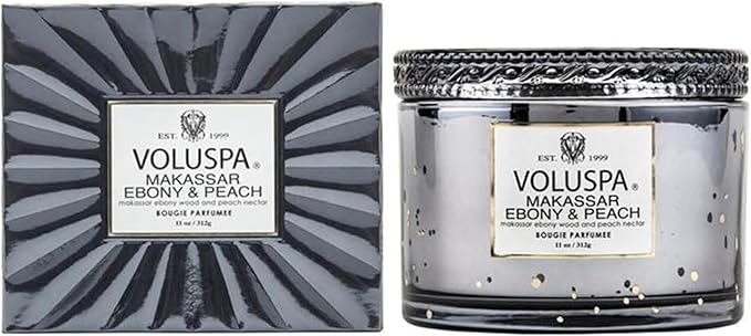 Voluspa Makassar Ebony & Peach, Corta Maison Boxed Candle, 11 oz, 45 Hour Burn Time, Coconut Wax for Clean Burning, Handcrafted in The USA