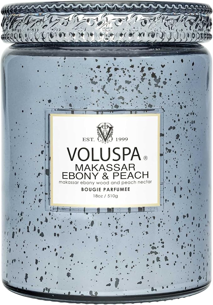 Voluspa Makassar Ebony & Peach Candle | Large Glass Jar | 18 Oz | 100 Hour Burn Time | Coconut Wax for Clean Burning |