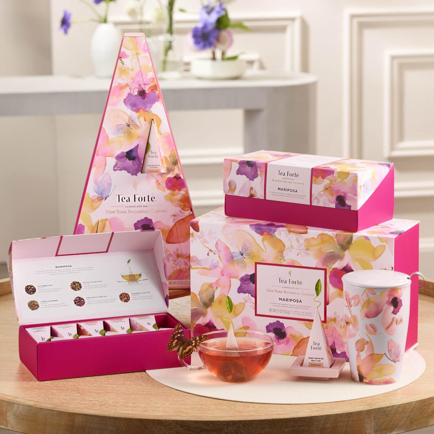 Tea Forte Mariposa Tea Sampler with 10 Pyramid Tea Infuser Bags - Fruit, Herb and Flower Tea - Petite Presentation Box Assorted Variety Tea Gift Set