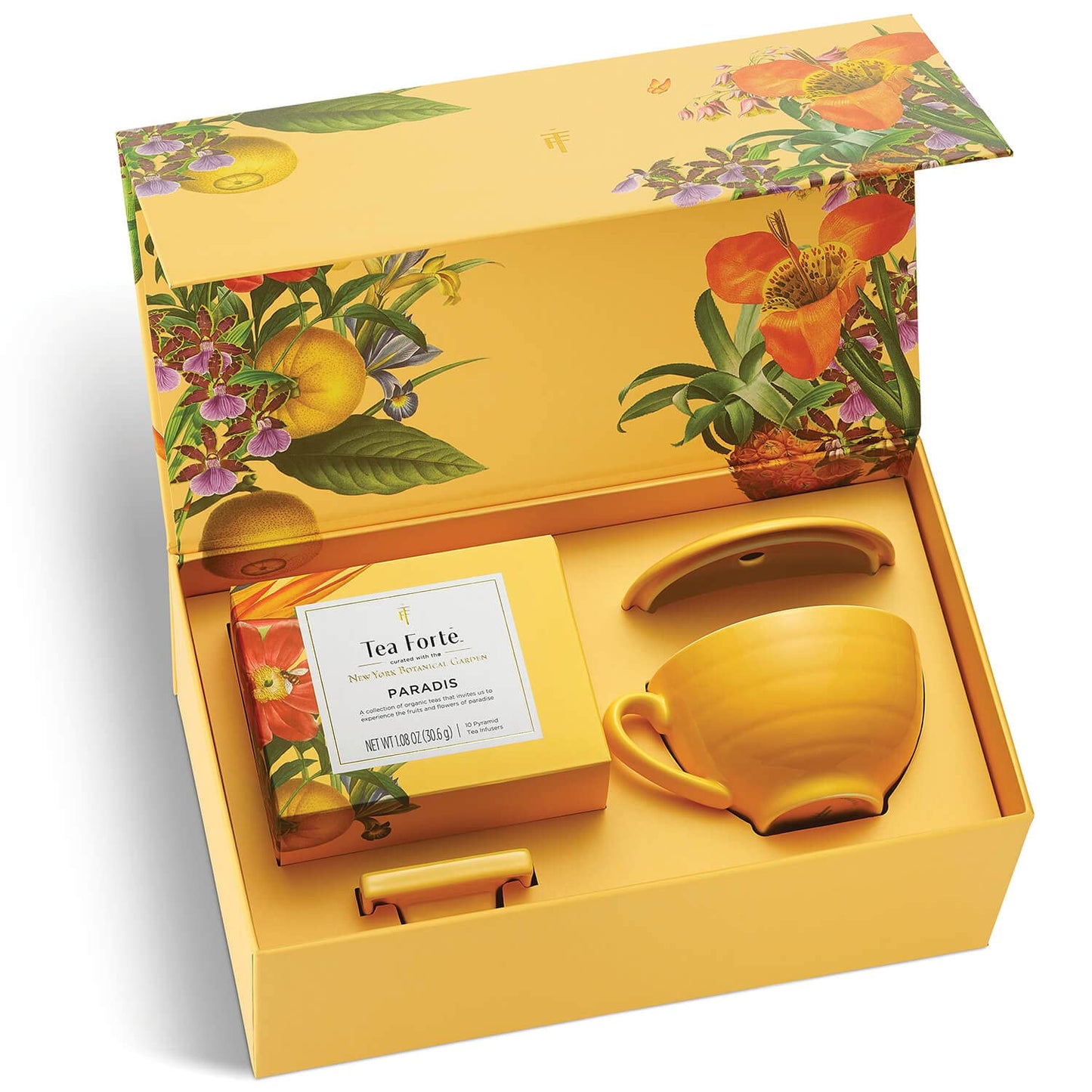 Tea Forte Paradis 3-Piece Premium Tea Gift Set with Mango Yellow Cafe Cup with Lid, Tea Tray and 10 Assorted 2 of Each Variety Organic Handcrafted Pyramid Infuser Tea Bags