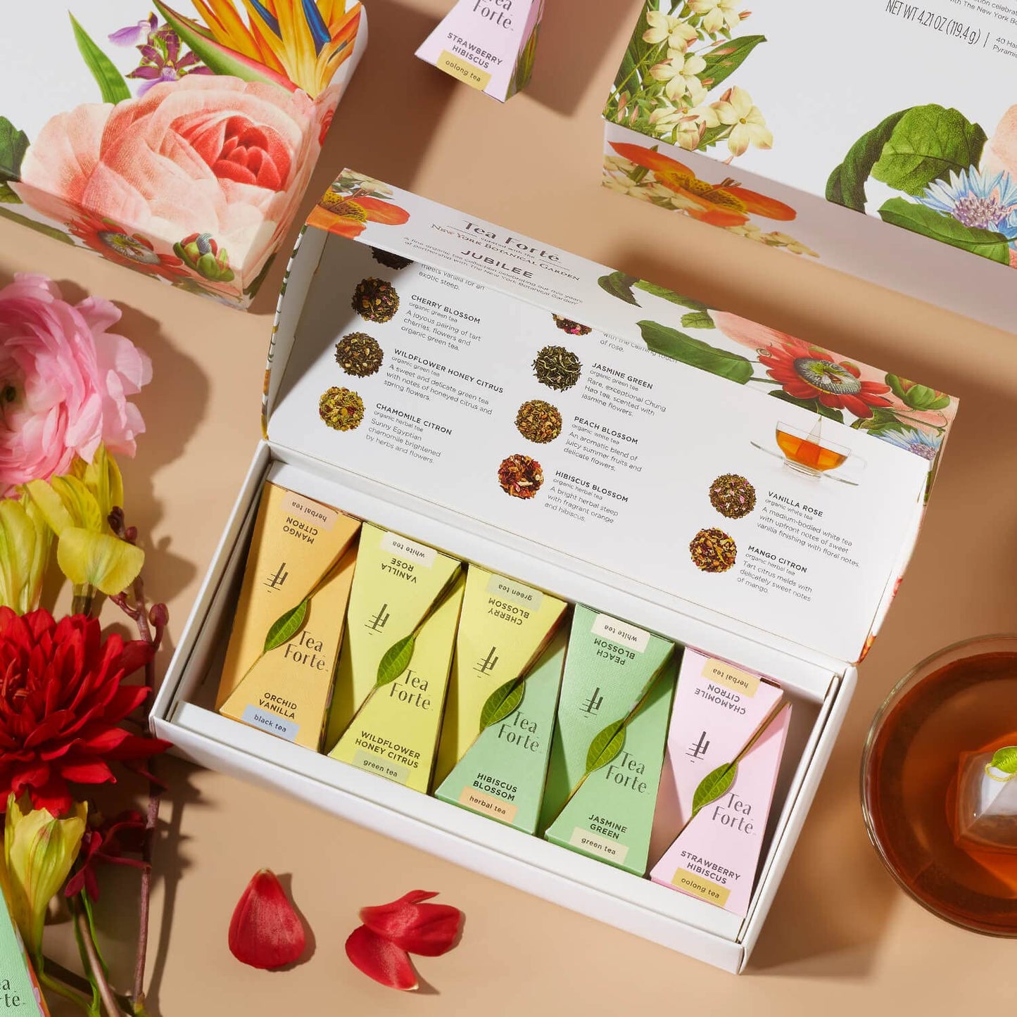 Tea Forte, Jubilee Petite Presentation Sampler Gift Box, Pyramid Infusers With Organic Loose Leaf, Green, Black, White, Herbal Assorted Tea, 1 Count