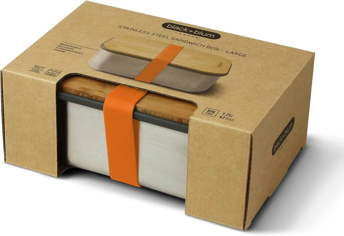 Black+Blum Stainless-Steel Sandwich Box Large | Plastic Free Meal Prep Lunch Box Food Container with Bamboo Lid, Orange, Large, 1.25L/ 42 fl oz