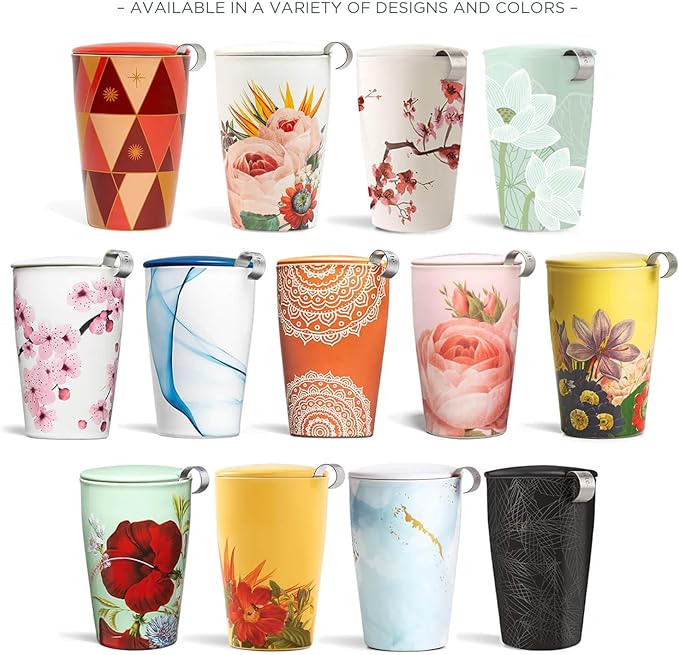 Tea Forte Jardin Double-Walled Ceramic Kati Cup with Removable Stainless Steel Infuser Basket and Lid, Steeps 12 oz Loose Leaf Tea, Lid and Cup Dishwasher & Microwave Safe