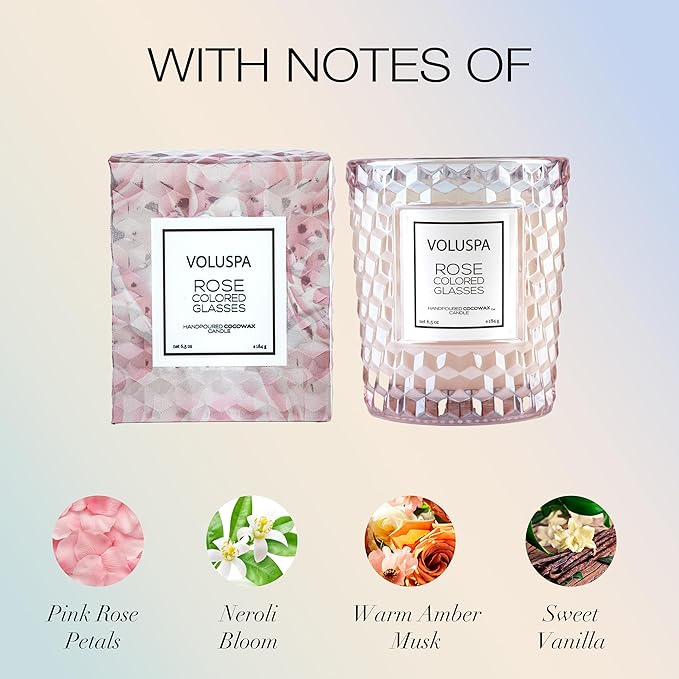 Voluspa Rose Colored Glasses, Classic Candle Jar, 6.5 Ounce, 40 Hour Burn Time, Coconut Wax for Clean Burning, Handcrafted in The USA