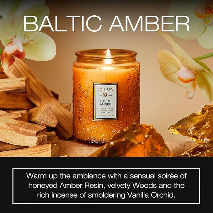 Voluspa Baltic Amber, Small Candle Jar, 5.5 oz, 50 Hour Burn Time, Coconut Wax for Clean Burning, Handcrafted in the USA