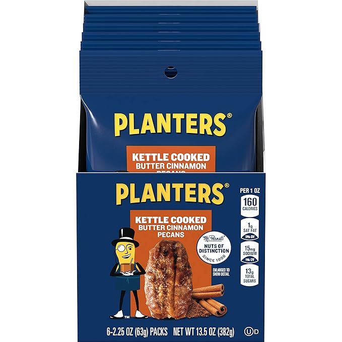 Planters Kettle Cooked Butter Cinnamon Pecans 2.25 oz bags ( Case Pack of 6)