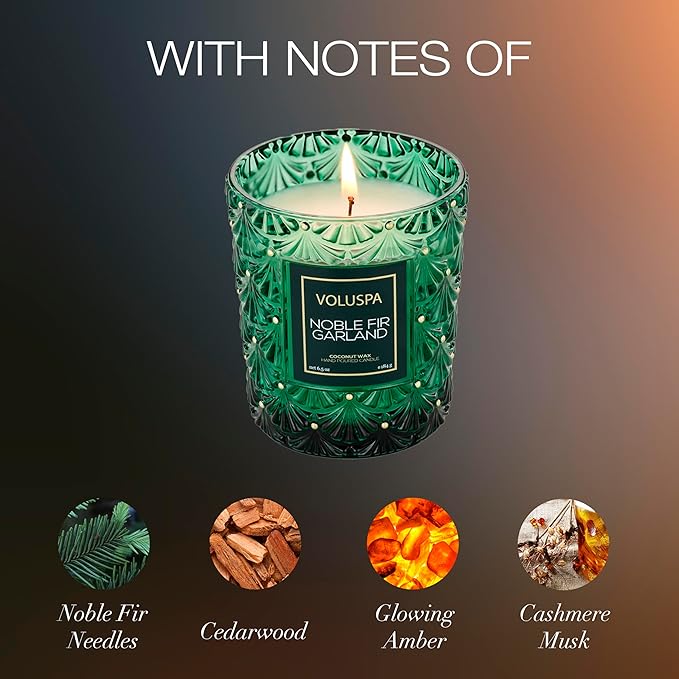 Voluspa Noble Fir Garland Boxed Candle, 6.5 oz, Coconut Wax Blend, Christmas Scented Candles for Home, 40 Hour Burn Time, Handcrafted in The USA