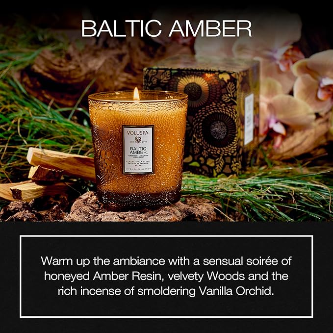 Voluspa Baltic Amber, Classic Boxed Candle, 9 oz, 60 Hour Burn Time, Coconut Wax for Clean Burning, Handcrafted in The USA
