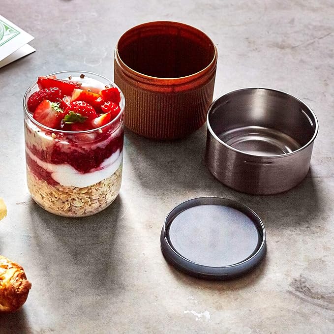 BLACK + BLUM GR-LB-M014 Pot Leakproof Meal Prep Lunch Box Food Container, Glass, Stainless Steel, Polypropylene with Wood Fibre and Silicone, 600 milliliters, Almond