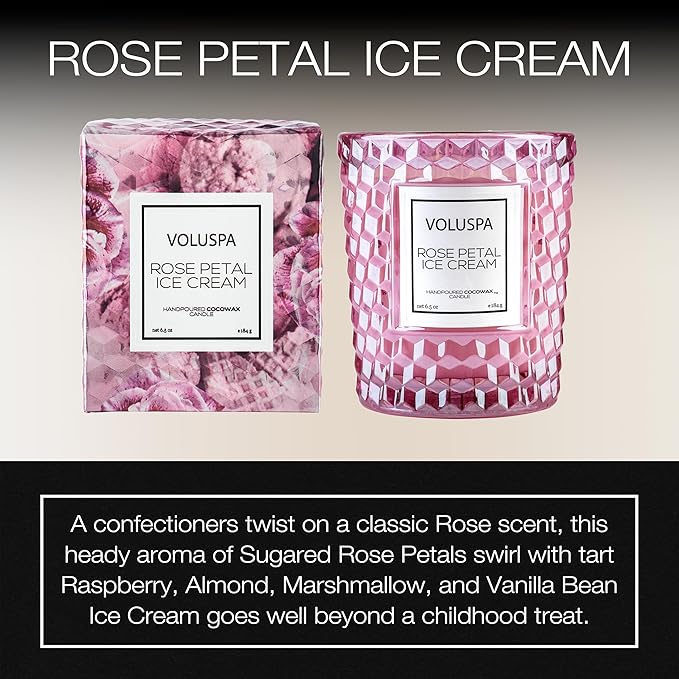 Voluspa Rose Petal Ice Cream, Classic Candle Jar, 6.5 Ounce, 40 Hour Burn Time, Coconut Wax for Clean Burning, Handcrafted in The USA
