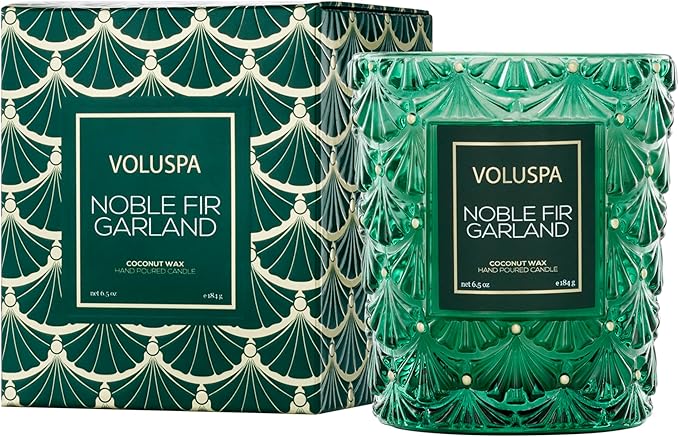 Voluspa Noble Fir Garland Boxed Candle, 6.5 oz, Coconut Wax Blend, Christmas Scented Candles for Home, 40 Hour Burn Time, Handcrafted in The USA