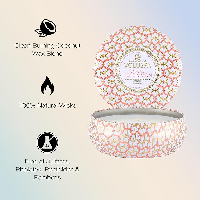 Voluspa Saijo Persimmon, 3 Wick Tin Candle, 12 Ounce, 40 Hour Burn Time, Coconut Wax for Clean Burning, Handcrafted in The USA