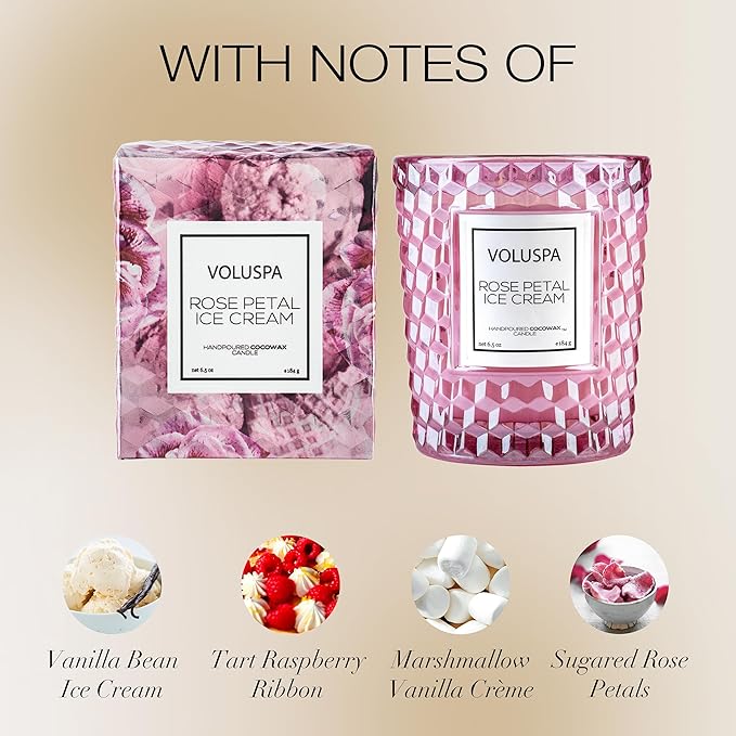 Voluspa Rose Petal Ice Cream, Classic Candle Jar, 6.5 Ounce, 40 Hour Burn Time, Coconut Wax for Clean Burning, Handcrafted in The USA