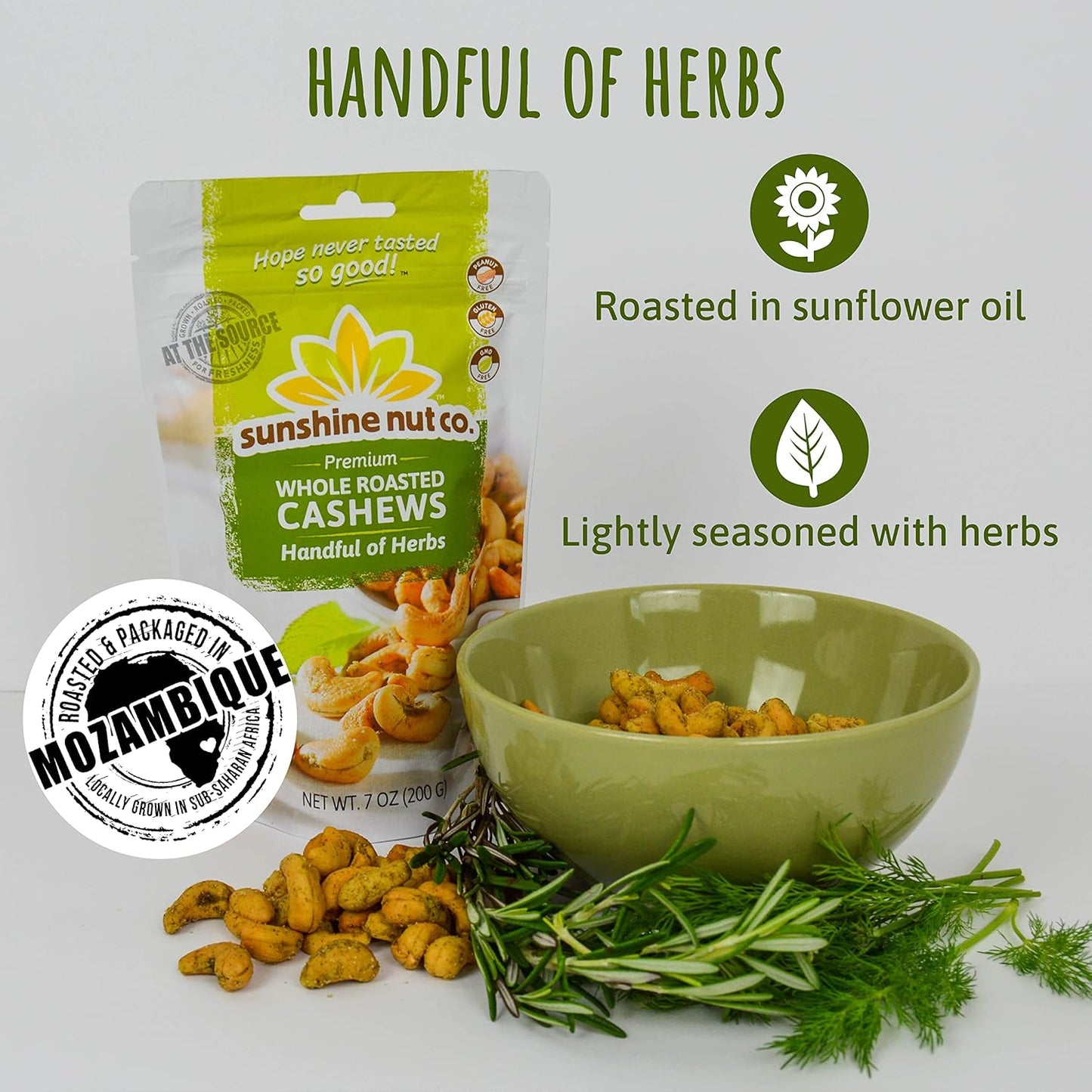 Sunshine Nut Whole Roasted Cashews - Handful of Herbs 7 oz bags