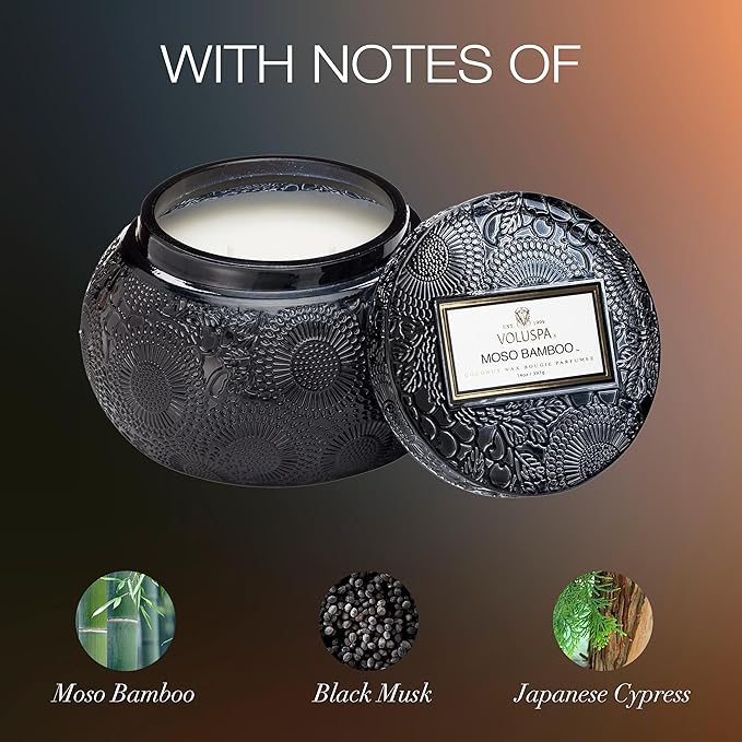 Voluspa Moso Bamboo, Glass Chawan Bowl Candle, 14 ounce, 50 Hour Burn Time, Coconut Wax for Clean Burning, Handcrafted in the USA