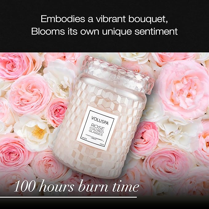 Voluspa Rose Colored Glasses, Large Candle Jar, 18 Ounce, 100 Hour Burn Time, Coconut Wax for Clean Burning, Handcrafted in The USA