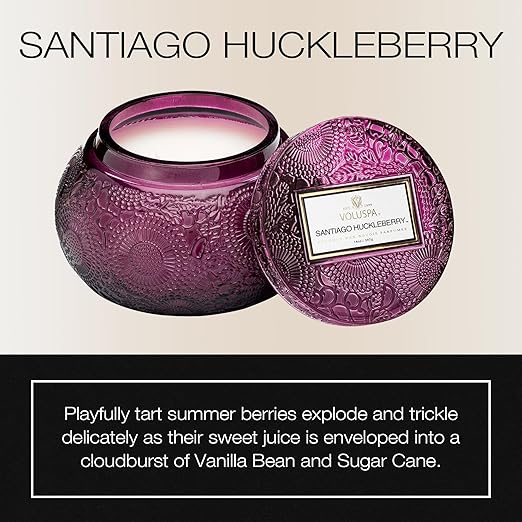 Voluspa Santiago Huckleberry Embossed Glass Chawan Bowl Candle 14 Ounces