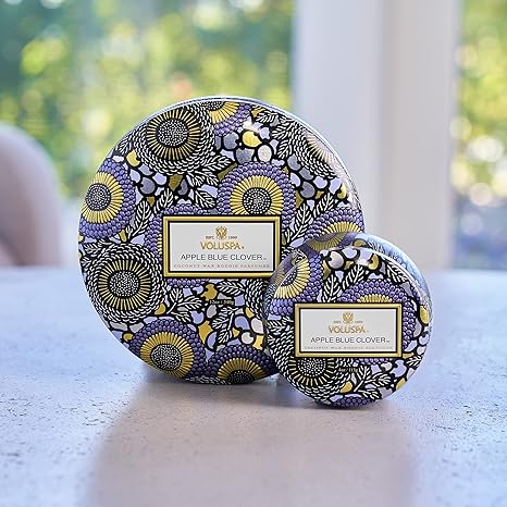 Voluspa Apple Blue Clover Candle | 3 Wick Tin | 12 Oz. | Coconut Wax for Clean Burning