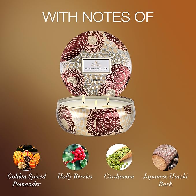 Voluspa Gilt Pomander Hinoki, 3 Wick Tin Candle, 12 Ounces, 40 Hour Burn Time, Coconut Wax for Clean Burning, Handcrafted in The USA