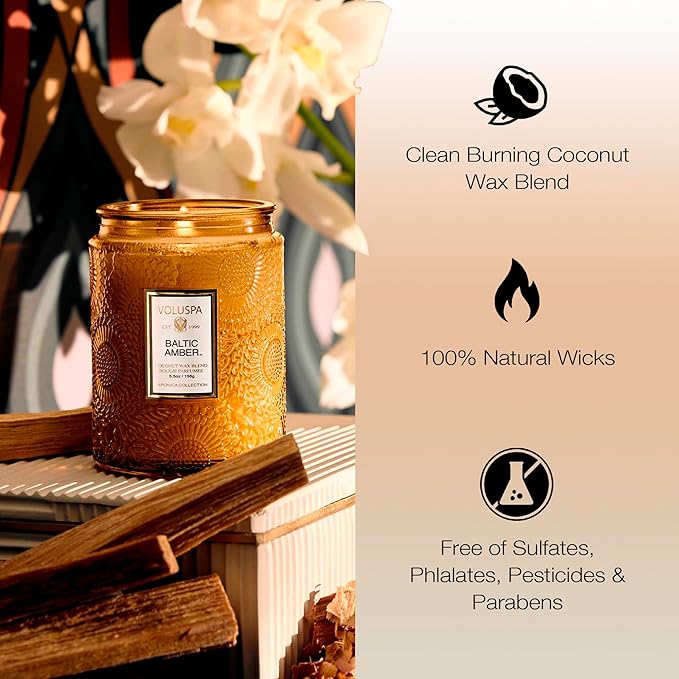 Voluspa Baltic Amber, Small Candle Jar, 5.5 oz, 50 Hour Burn Time, Coconut Wax for Clean Burning, Handcrafted in the USA