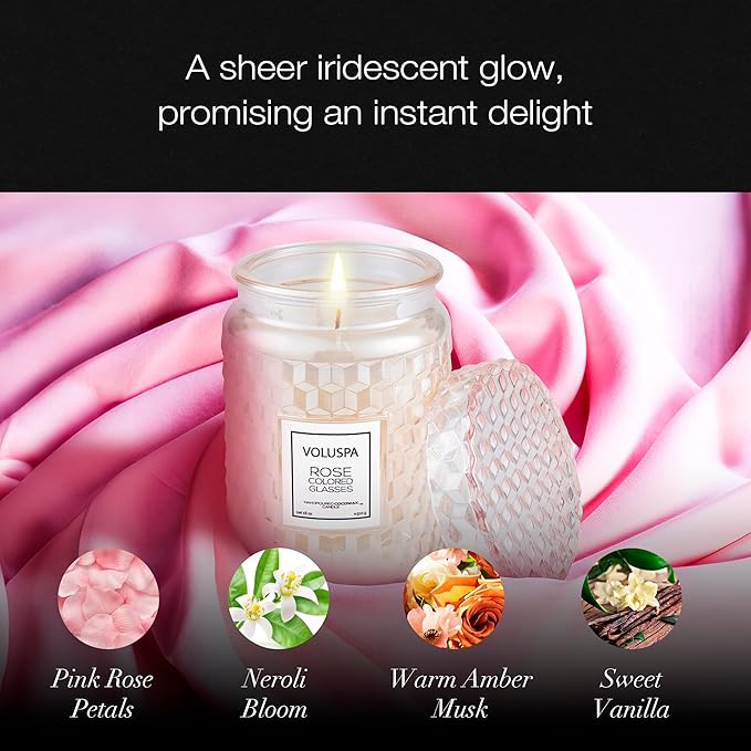 Voluspa Rose Colored Glasses, Large Candle Jar, 18 Ounce, 100 Hour Burn Time, Coconut Wax for Clean Burning, Handcrafted in The USA