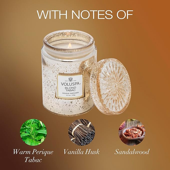 Voluspa Blond Tabac, Small Candle Jar, 5.5 oz, 50 Hour Burn Time, Coconut Wax for Clean Burning, Handcrafted in The USA