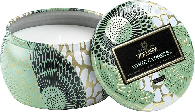 Voluspa White Cypress Candle | Mini Tin | 4 Oz. | 25 Hour Burn Time | | Coconut Wax for a Cleaner Burn