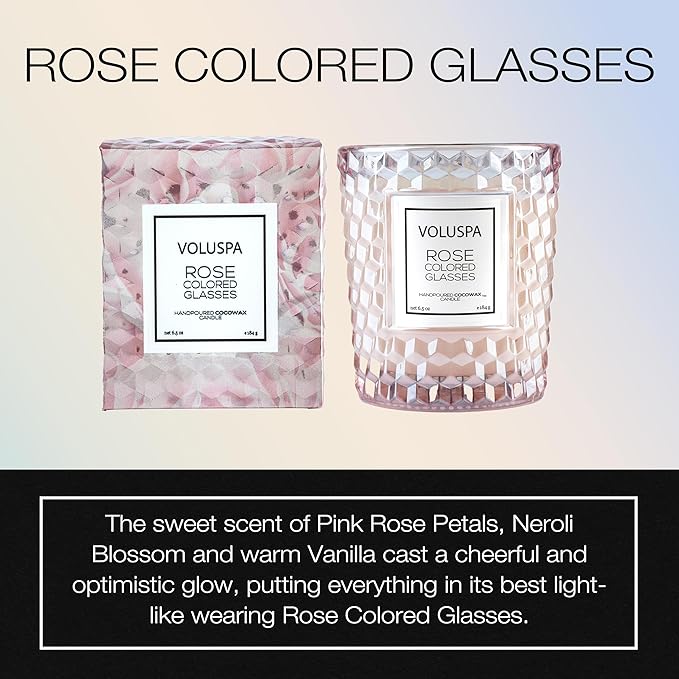 Voluspa Rose Colored Glasses, Classic Candle Jar, 6.5 Ounce, 40 Hour Burn Time, Coconut Wax for Clean Burning, Handcrafted in The USA