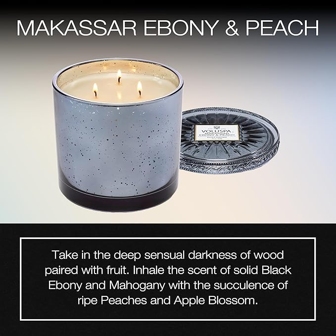 Voluspa Makassar Ebony & Peach, Grande Maison 3 Wick Glass Candle, 36 oz, 100 Hour Burn Time, Coconut Wax for Clean Burning, Handcrafted in The USA