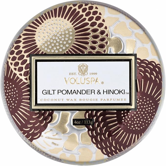 Voluspa Gilt Pomander & Hinoki Candle | Mini Tin | 4 Oz. | 25 Hour Burn Time | Coconut Wax for Clean Burning