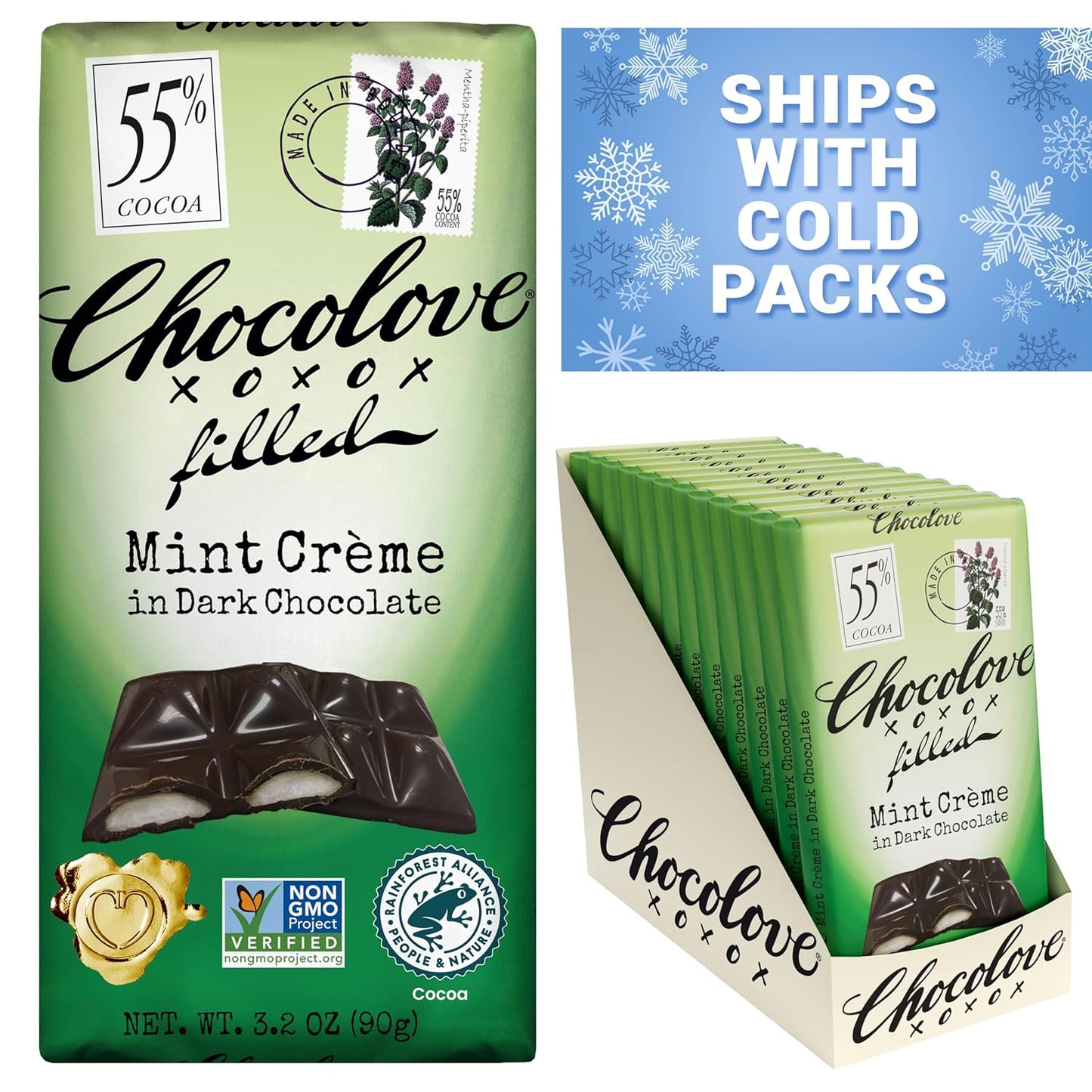 Chocolove Mint Crème Bars | 55% Cocoa | Infused with Dairy Free Peppermint Creme in Creamy Dark Chocolate | Non GMO, Rainforest Alliance Certified, 3.2oz Bar (10 Pack)