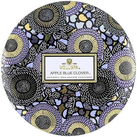 Voluspa Apple Blue Clover Candle | 3 Wick Tin | 12 Oz. | Coconut Wax for Clean Burning