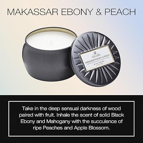 Voluspa Makassar Ebony & Peach, Mini Tin Candle, 4 oz, 25 Hour Burn Time, Coconut Wax for Clean Burning, Handcrafted in The USA