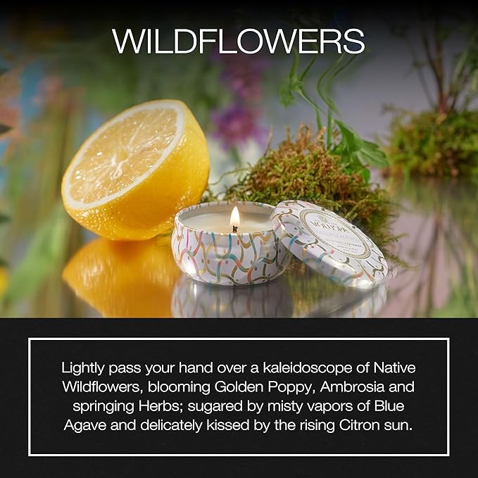 Voluspa Wildflowers | Mini Tin Candle | 4 Oz. | 25 Hr Burn Time | All Natural Wicks and Coconut Wax for Clean Burning | Vegan