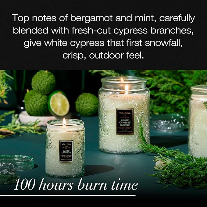 Voluspa White Cypress,Small Candle Jar, 5.5 Ounce,50 Hour Burn Time, & Coconut Wax for Clean Burning,,Handcrafted in the USA