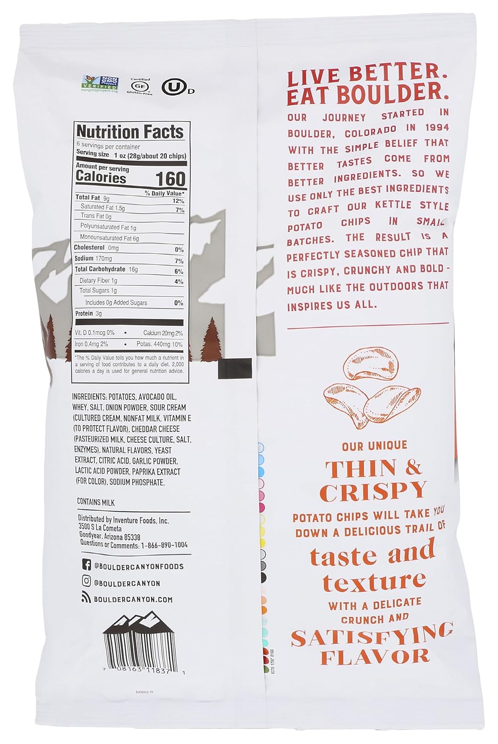 Boulder Canyon Thin & Crispy Cheddar Sour Cream Potato Chips | 6 oz Bag (Case Pack of 12)