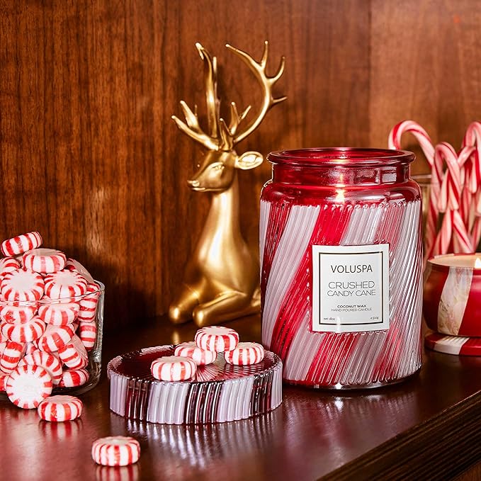 Voluspa | Crushed Candy Cane Candle | Large Glass Jar | 18 Oz. | 100 Hour Burn Time | Coconut Wax for Clean Burning | Christmas Candle | Holiday Candle