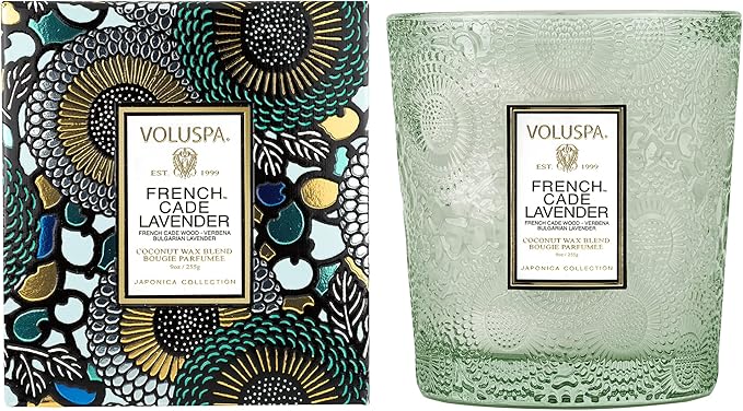 Voluspa French Cade Lavender, Classic Boxed Candle, 9 oz, 60 Hour Burn Time, Coconut Wax for Clean Burning, Handcrafted in The USA