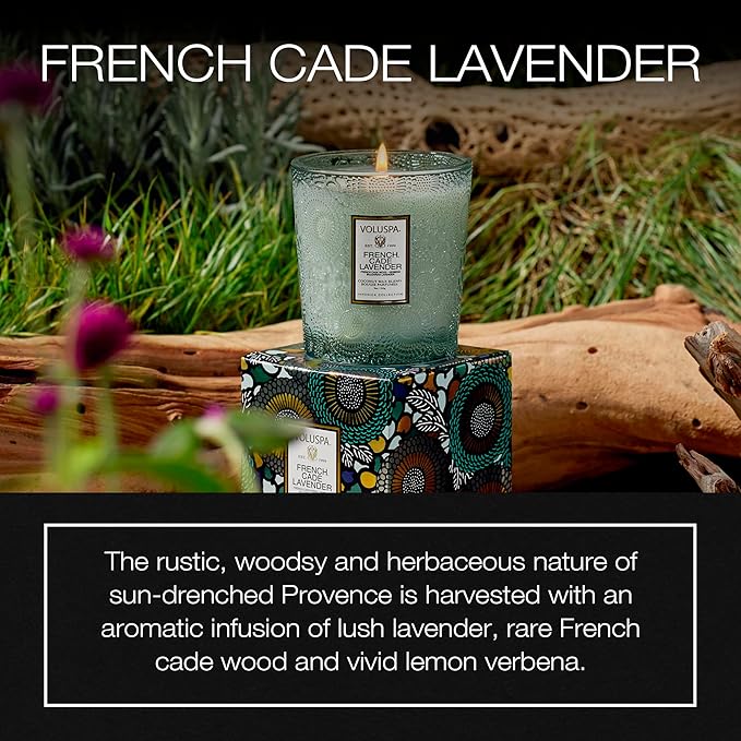 Voluspa French Cade Lavender, Small Candle Jar, 5.5 Ounces, 50 Hour Burn Time, All Natural Wicks and Coconut Wax for Clean Burning, Vegan, Poured in The USA
