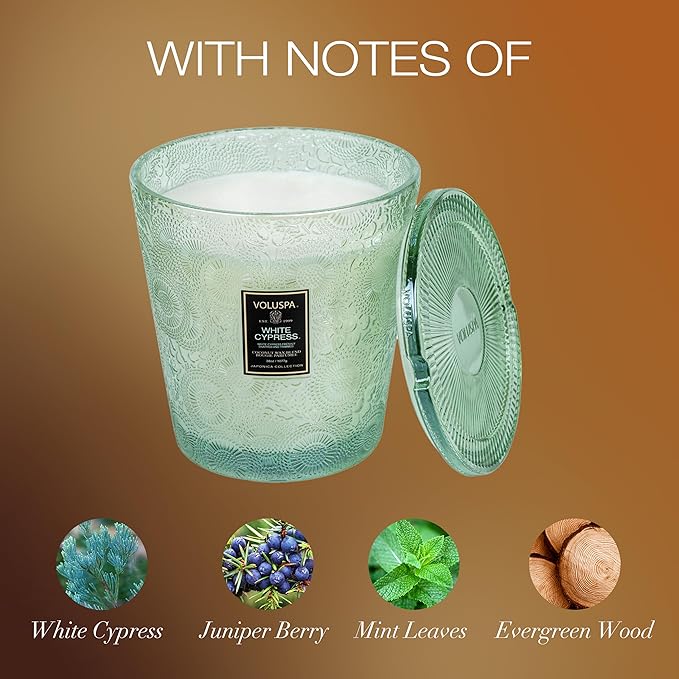 Voluspa White Cypress, 3 Wick Boxed Hearth, 38 Ounce, 80 Hour Burn Time, All Natural Wicks and Coconut Wax for Clean Burning, Vegan, Poured in The USA