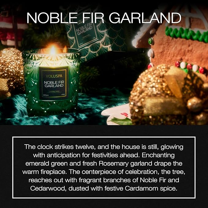 Voluspa Noble Fir Garland Boxed Candle, 6.5 oz, Coconut Wax Blend, Christmas Scented Candles for Home, 40 Hour Burn Time, Handcrafted in The USA