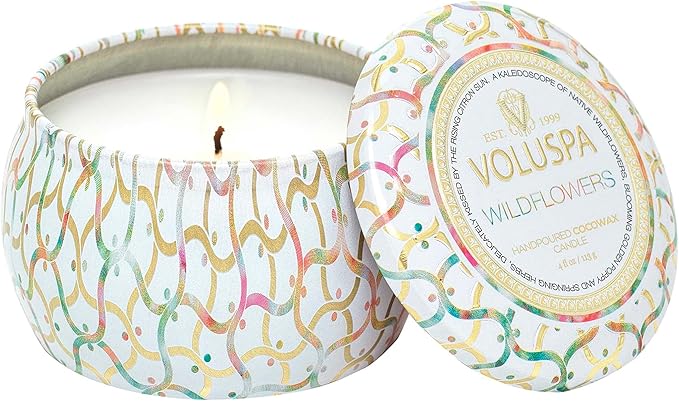 Voluspa Wildflowers | Mini Tin Candle | 4 Oz. | 25 Hr Burn Time | All Natural Wicks and Coconut Wax for Clean Burning | Vegan