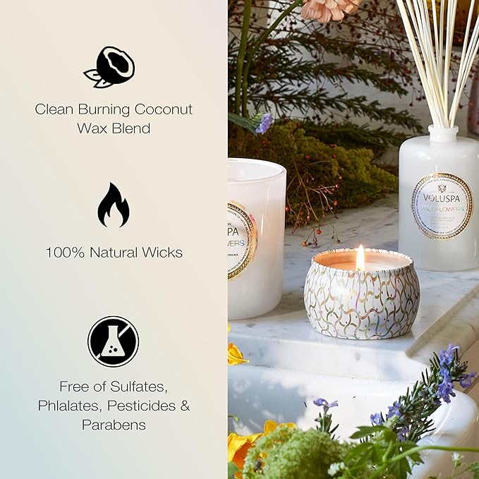 Voluspa Wildflowers | Mini Tin Candle | 4 Oz. | 25 Hr Burn Time | All Natural Wicks and Coconut Wax for Clean Burning | Vegan