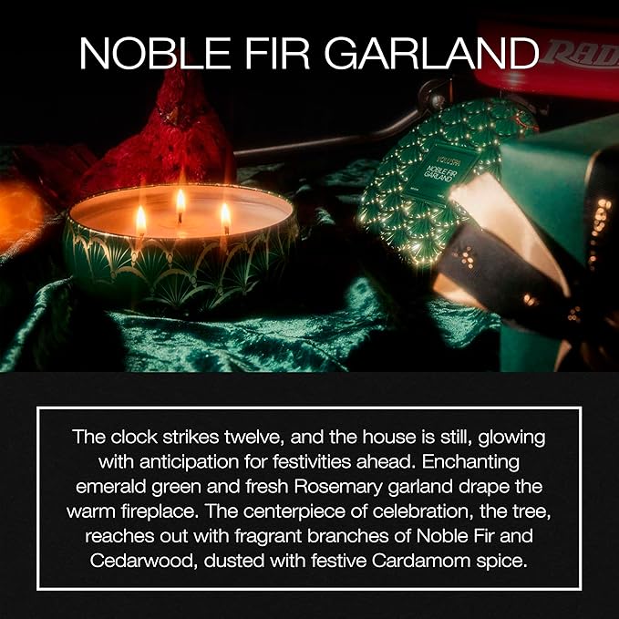 Voluspa Noble Fir Garland, 3 Wick Tin Candle, 12oz, 40 Hour Burn Time, Coconut Wax Candle for The Home, Handcrafted in The USA