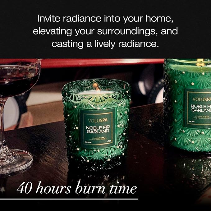 Voluspa Noble Fir Garland Boxed Candle, 6.5 oz, Coconut Wax Blend, Christmas Scented Candles for Home, 40 Hour Burn Time, Handcrafted in The USA