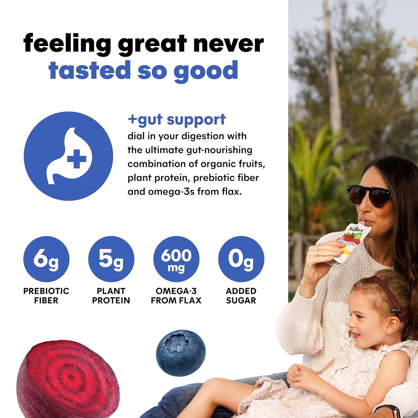 Noka Superfood Fruit Smoothie Pouches, Blueberry Beet, Healthy Snacks with Flax Seed, Prebiotic Fiber and Plant Protein, Vegan and Gluten Free, Organic Fruit & Veggie Squeeze Pouch, 4.22 oz, 12 Count