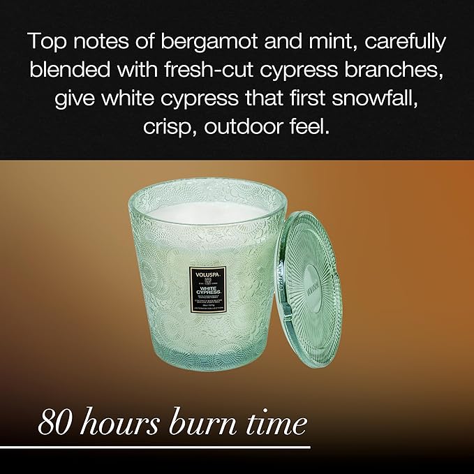 Voluspa White Cypress, 3 Wick Boxed Hearth, 38 Ounce, 80 Hour Burn Time, All Natural Wicks and Coconut Wax for Clean Burning, Vegan, Poured in The USA